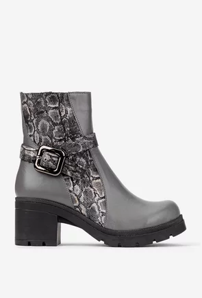 Botine dama gri din piele naturala cu model