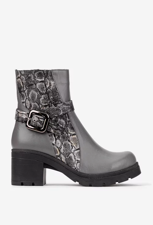 Botine dama gri din piele naturala cu model