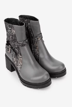 Botine dama gri din piele naturala cu model