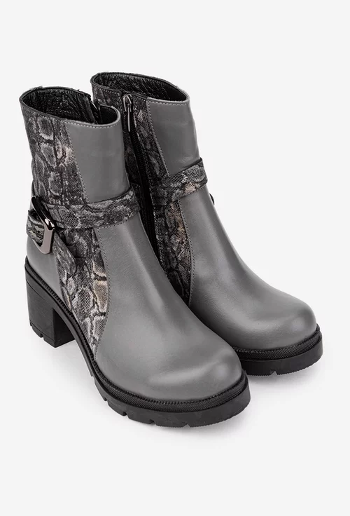 Botine dama gri din piele naturala cu model