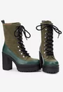 Botine dama kaki cu verde din piele cu toc inalt