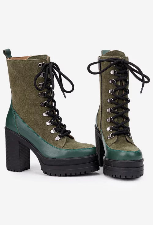 Botine dama kaki cu verde din piele cu toc inalt