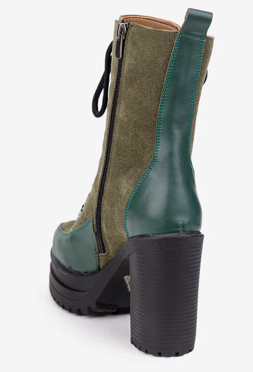 Botine dama kaki cu verde din piele cu toc inalt
