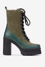 Botine dama kaki cu verde din piele cu toc inalt