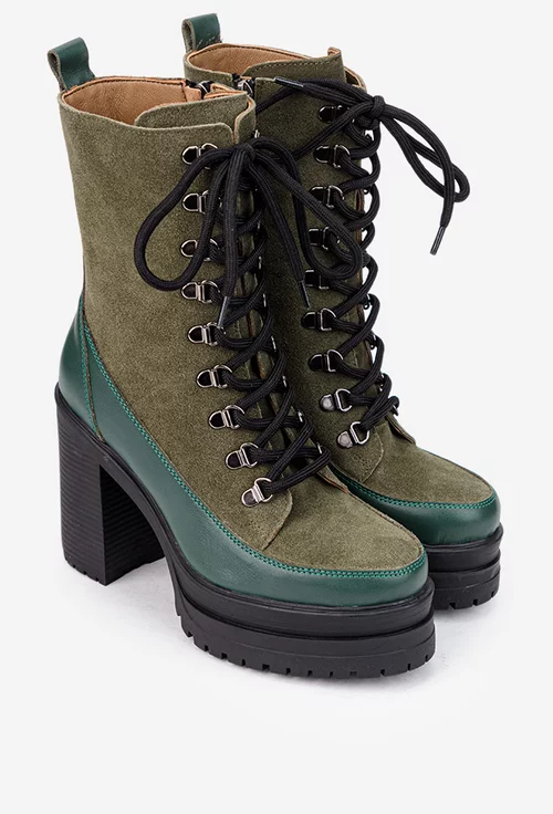 Botine dama kaki cu verde din piele cu toc inalt