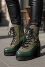 Botine dama kaki cu verde din piele cu toc inalt