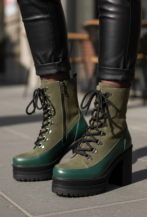 Botine dama kaki cu verde din piele cu toc inalt