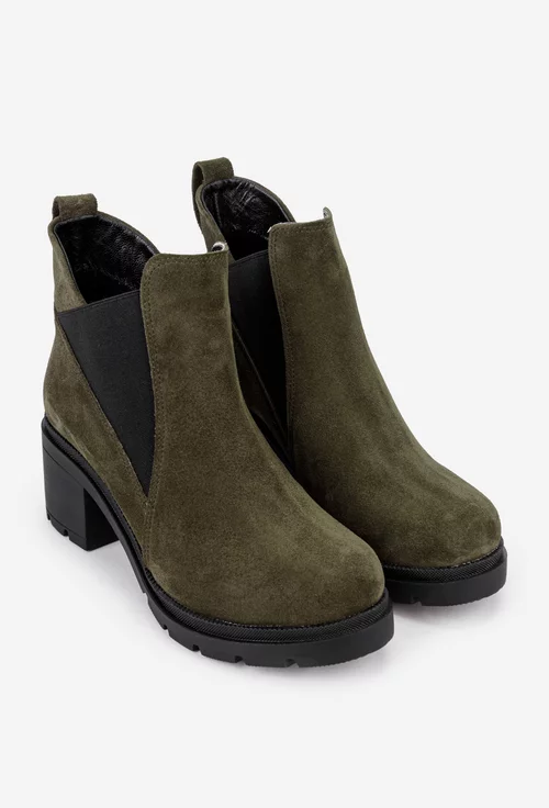 Botine dama kaki din piele intoarsa cu elastic in laterale