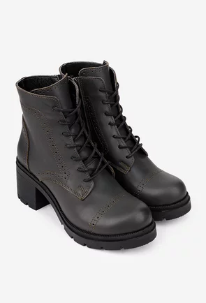 Botine dama kaki inchis din piele naturala