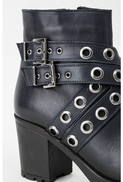 Botine dama navy din piele naturala cu barete cu tinte Tiffany