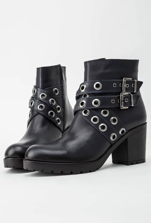 Botine dama navy din piele naturala cu barete cu tinte Tiffany