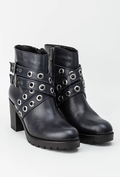 Botine dama navy din piele naturala cu barete cu tinte Tiffany