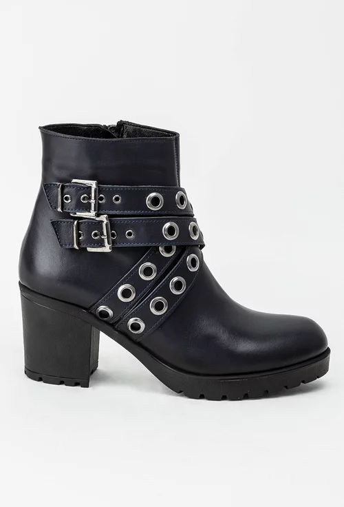 Botine dama navy din piele naturala cu barete cu tinte Tiffany