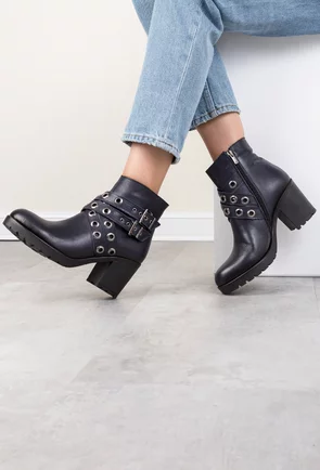 Botine dama navy din piele naturala cu barete cu tinte Tiffany