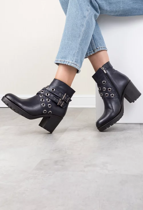 Botine dama navy din piele naturala cu barete cu tinte Tiffany