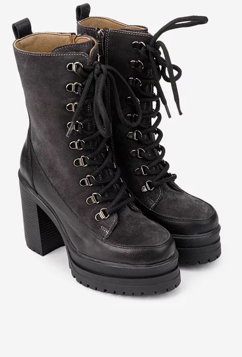 Botine dama negre cu gri din piele cu platforma