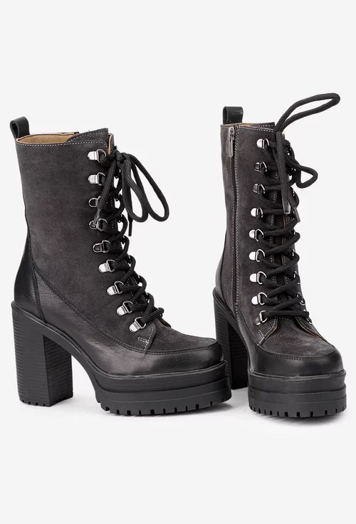 Botine dama negre cu gri din piele cu platforma