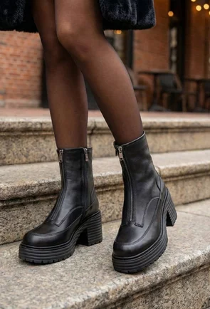 Botine dama negre din piele cu fermoar decorativ