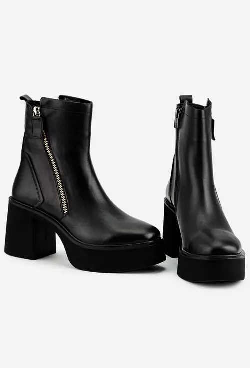 Botine dama negre din piele cu fermoar decorativ auriu