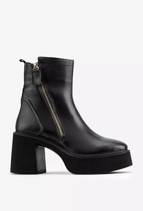 Botine dama negre din piele cu fermoar decorativ auriu