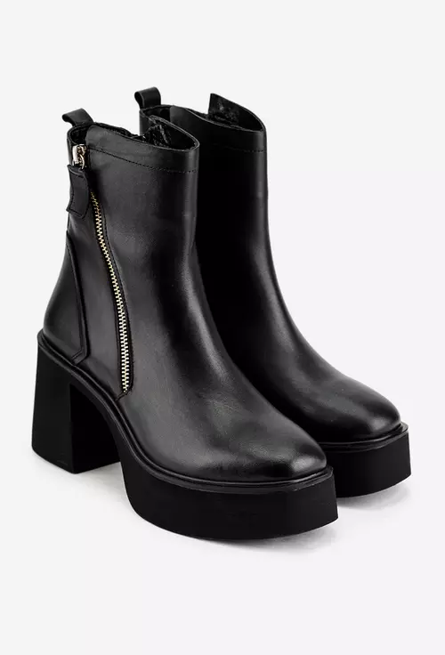 Botine dama negre din piele cu fermoar decorativ auriu