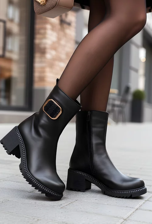 Botine dama negre din piele cu ornament