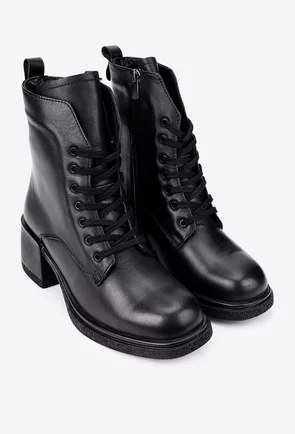Botine dama negre din piele cu siret si fermoar