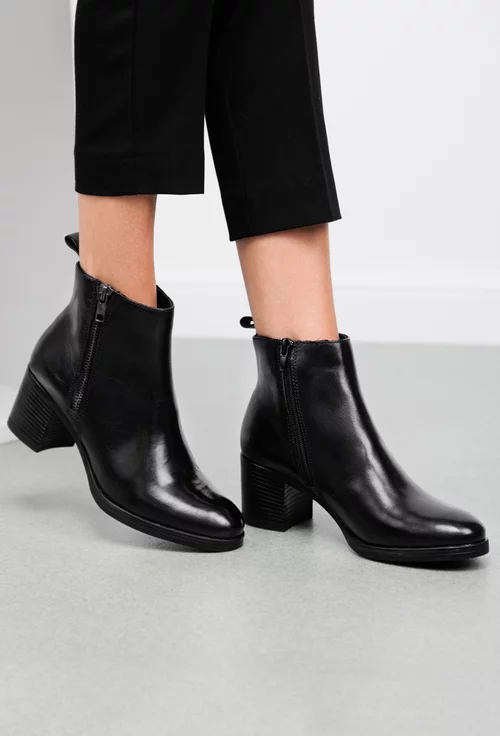 Botine dama negre din piele cu toc si fermoare laterale
