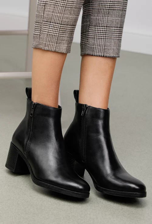 Botine dama negre din piele cu toc si fermoare laterale