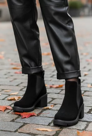 Botine dama negre din piele intoarsa cu elastic in laterale