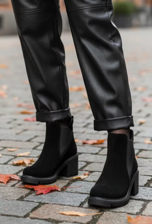 Botine dama negre din piele intoarsa cu elastic in laterale