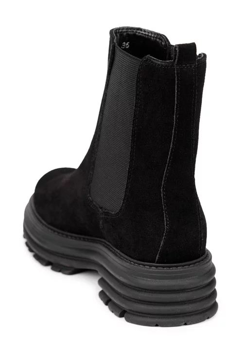 Botine dama negre din piele intoarsa cu elastic in laterale