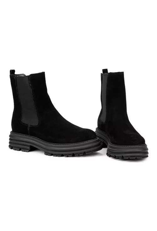 Botine dama negre din piele intoarsa cu elastic in laterale