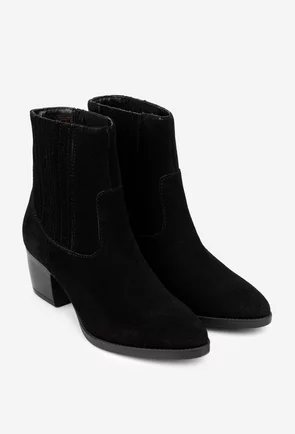 Botine dama negre din piele intoarsa cu elastic in laterale