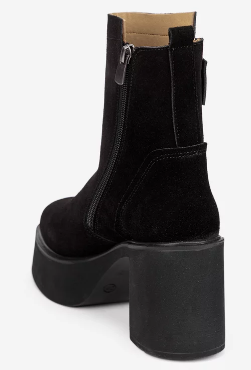Botine dama negre din piele intoarsa cu fermoar decorativ auriu