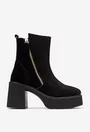 Botine dama negre din piele intoarsa cu fermoar decorativ auriu