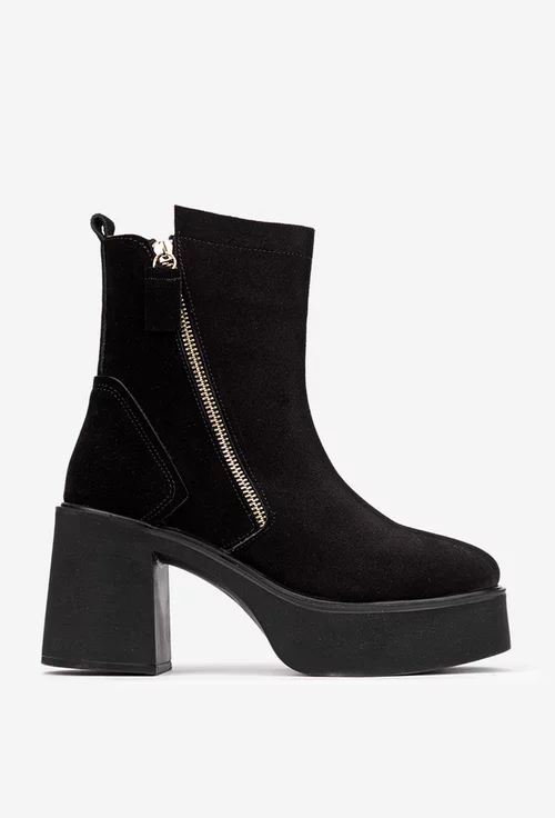 Botine dama negre din piele intoarsa cu fermoar decorativ auriu