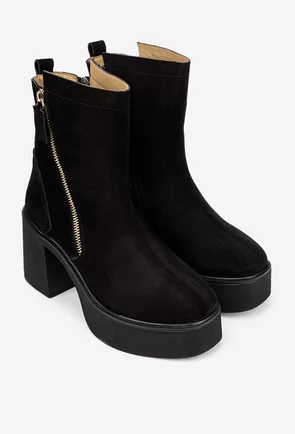 Botine dama negre din piele intoarsa cu fermoar decorativ auriu