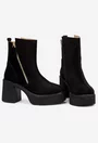 Botine dama negre din piele intoarsa cu fermoar decorativ auriu