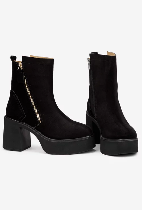 Botine dama negre din piele intoarsa cu fermoar decorativ auriu