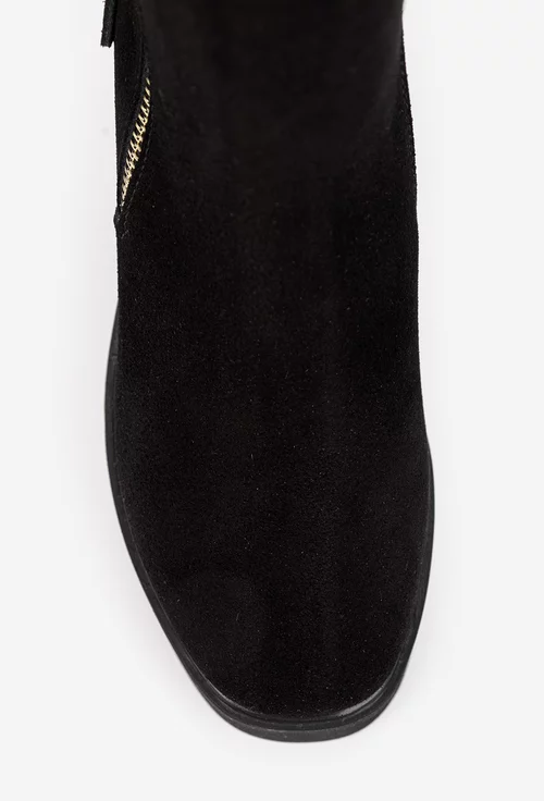 Botine dama negre din piele intoarsa cu fermoar decorativ auriu