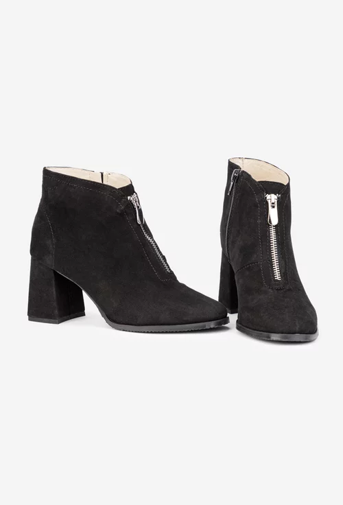 Botine dama negre din piele intoarsa cu fermoar decorativ in fata