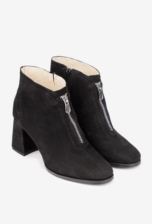 Botine dama negre din piele intoarsa cu fermoar decorativ in fata