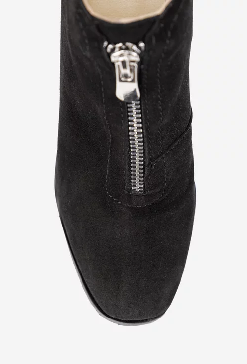 Botine dama negre din piele intoarsa cu fermoar decorativ in fata