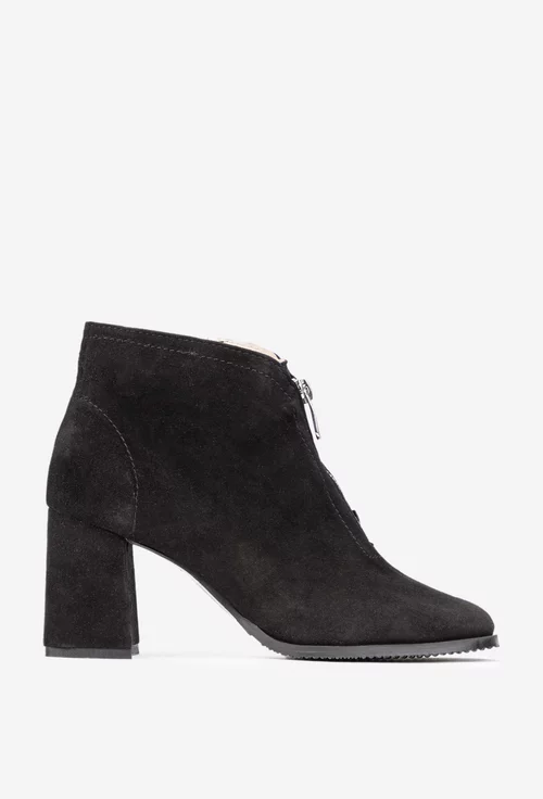 Botine dama negre din piele intoarsa cu fermoar decorativ in fata