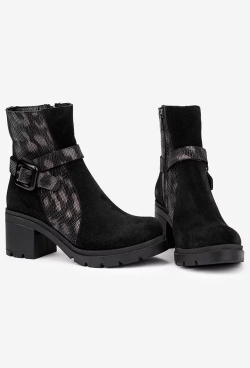 Botine dama negre din piele intoarsa cu model