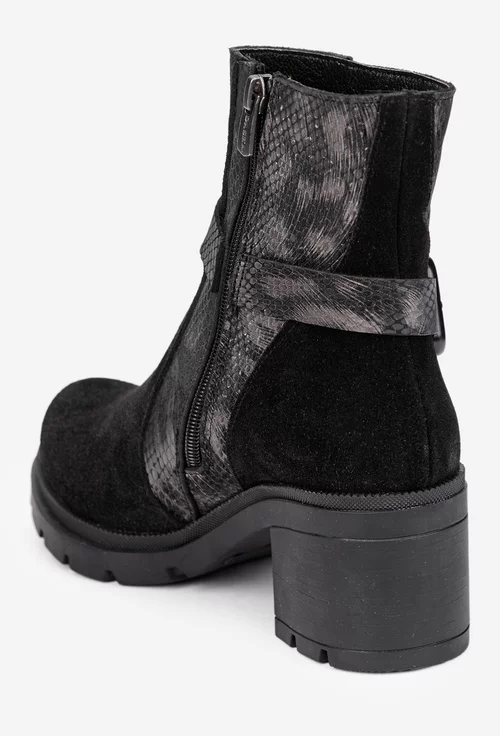 Botine dama negre din piele intoarsa cu model