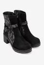 Botine dama negre din piele intoarsa cu model