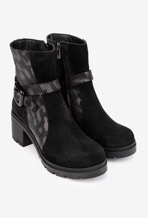 Botine dama negre din piele intoarsa cu model