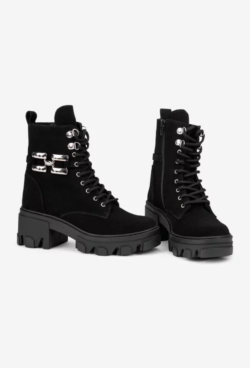 Botine dama negre din piele intoarsa cu ornament